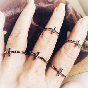 Sterling Silver Black Cz Sideways Cross Ring